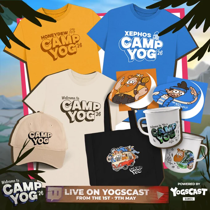 An array of Camp Yog merch, including tees, stickers, mugs, a tote, and a hat.