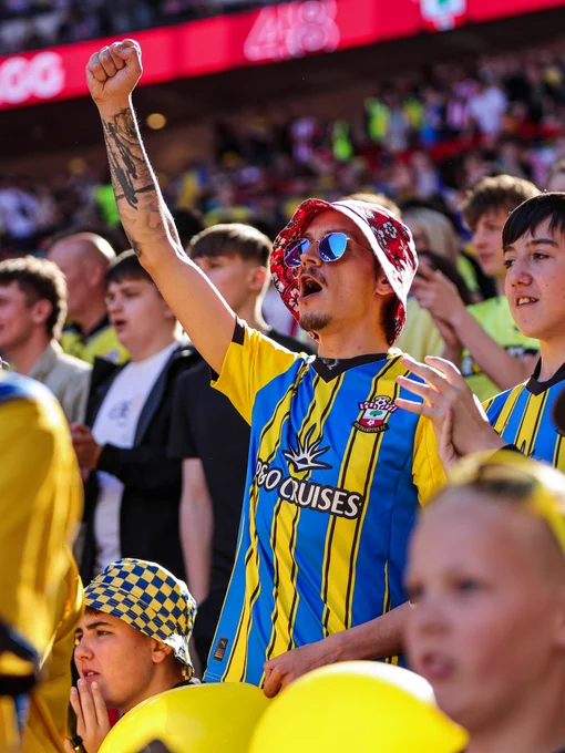 A Southampton fan in a blue and white striped away shirt stands with one arm raised.