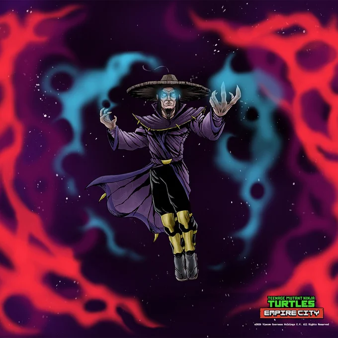 A mystical figure in a wide-brimmed hat and purple cloak levitates, conjuring blue and red swirling energy in a cosmic background.