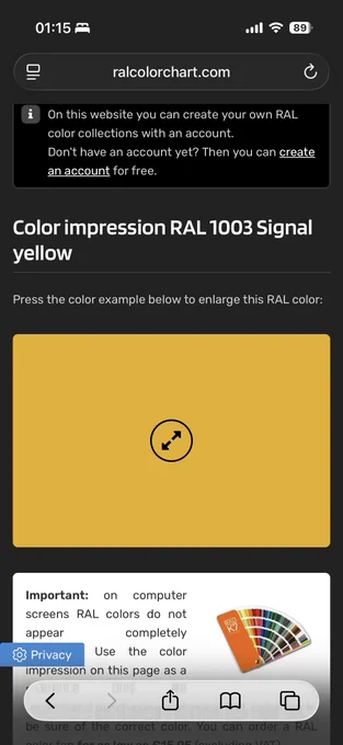 Mobile screenshot of a RAL colour reference page showing the colour impression for a specific RAL code, used to verify the generated swatch labels.