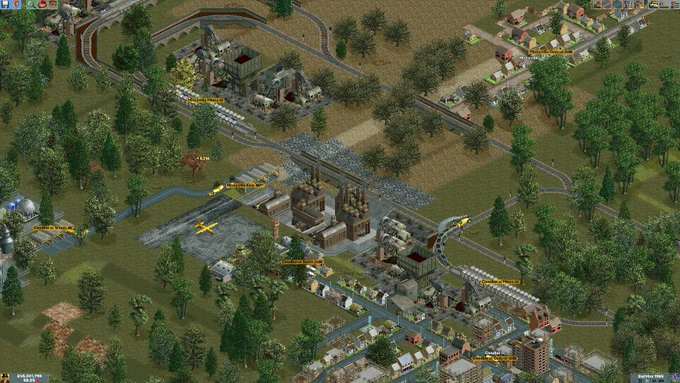 An OpenLoco screenshot, showing trains, planes, trucks and trams servicing various towns and industries.