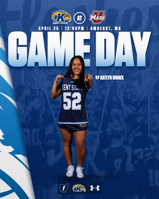 A person wearing a blue Kent State uniform with the number 52 stands confidently, pointing forward. The background features faded imagery of a sports game. Text at the top announces a game between Kent State and UMass on April 25 at 12:00 PM in Amherst, MA. Logos of Kent State, UMass, and Under Armour are visible. The name Katlyn Binnix appears on the right side.
