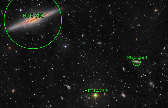 A magnified, plate-solved crop of the processed image reveals numerous background galaxies scattered across the field.