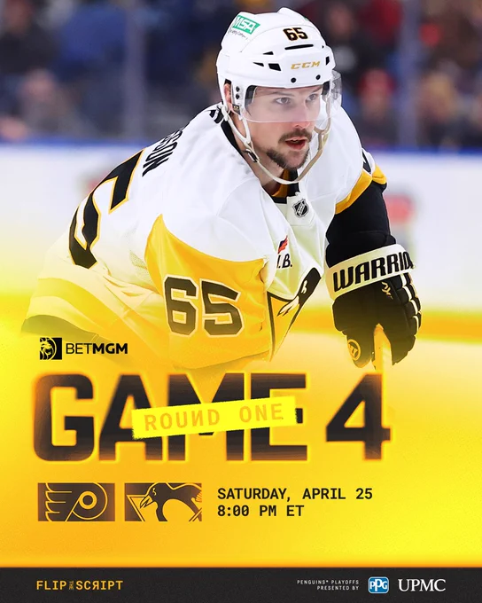 Game day graphic with photo of Erik Karlsson that shows the Penguins play the Flyers in Round 1 Game 4 on April 25 at 8PM.