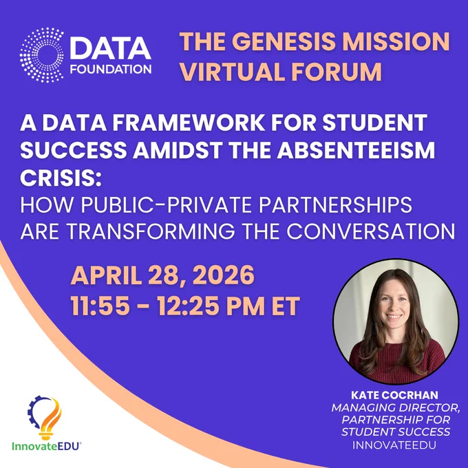 A purple and white graphic for THE GENESIS MISSION VIRTUAL FORUM featuring the DATA FOUNDATION logo in the top left and the InnovateEDU logo in the bottom left. The event title is A DATA FRAMEWORK FOR STUDENT SUCCESS AMIDST THE ABSENTEEISM CRISIS: HOW PUBLIC PRIVATE PARTNERSHIPS ARE TRANSFORMING THE CONVERSATION. The date and time are listed as APRIL 28, 2026 from 11:55 to 12:25 PM ET. A circular headshot of KATE COCHRAN MANAGING DIRECTOR PARTNERSHIP FOR STUDENT SUCCESS INNOVATEEDU is in the bottom right corner.