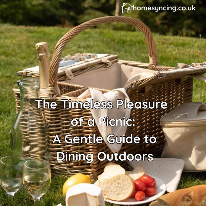 The timeless pleasure of a picnic:  a gentle guide to dining outdoors.
homesyncing.co.uk
image:  picnic hamper with picnic laid out on grass