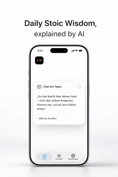 „iPhone‑Mockup mit einer Stoic‑App, die ein Zitat von Marcus Aurelius zeigt.“