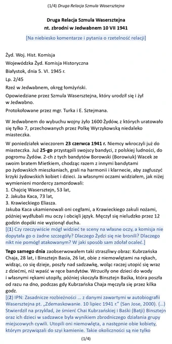 Druga relacja Szmula Wasersztajna nt. zbrodni w Jedwabnem - str 1/4