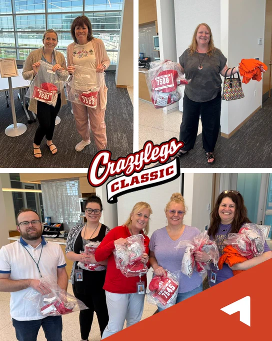 A collage of three photos featuring the Ascendium team picking up their Crazylegs Classic apparel for the race on Saturday, April 25. The Crazylegs Classic logo is in the middle of the frame and the Ascendium logo is in the bottom right corner. 