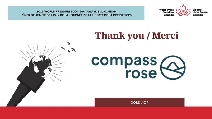 
Graphic featuring the World Press Freedom Canada logo and Compass Rose logo with text: “Gold Sponsor.” Includes event details: April 29, 2026, Ottawa.


Visuel avec les logos de World Press Freedom Canada et Compass Rose, mention « commanditaire Or » et détails de l’événement : 29 avril 2026, Ottawa.