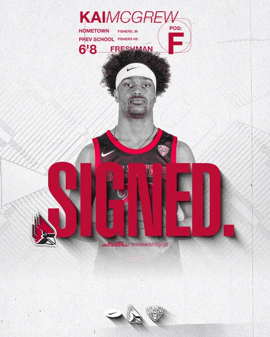 Signed graphic for Ball State men's basketball signee Kai McGrew.
Text:
Kai McGrew
Hometown Fishers, IN
High School Fishers HS
6'8 Freshman
Pos: F