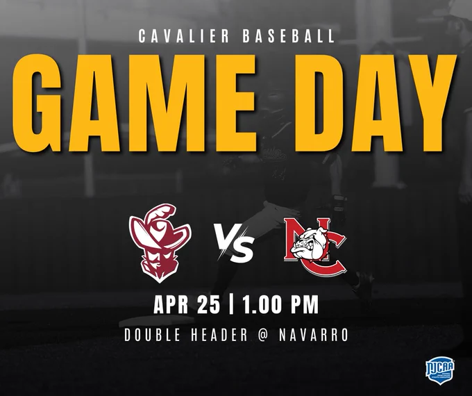 Poster for "Cavalier Baseball Game Day" featuring a match between teams with logos: a cavalier head and a bulldog. Scheduled for April 25 at 1:00 PM, it’s a double header at Navarro. NJCAA logo in the corner.
