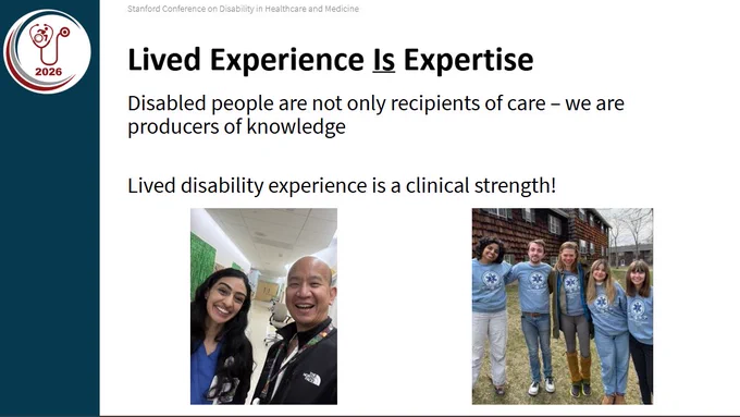 Slide from the SMADIE Conference with SMADIE logo on the top and vertical aqua bar on the left side. On the right, black text on white background: “Lived Experience Is Expertise. Disabled people are not only recipients of care – we are producers of knowledge. Lived disability experience is a clinical strength!” Underneath the text, two photos: a selfie of Amy and Ken wearing scrubs at the hospital wards, and a photo of five MSDCI National Students standing outside, smiling, and wearing light blue MSDCI shirts.
