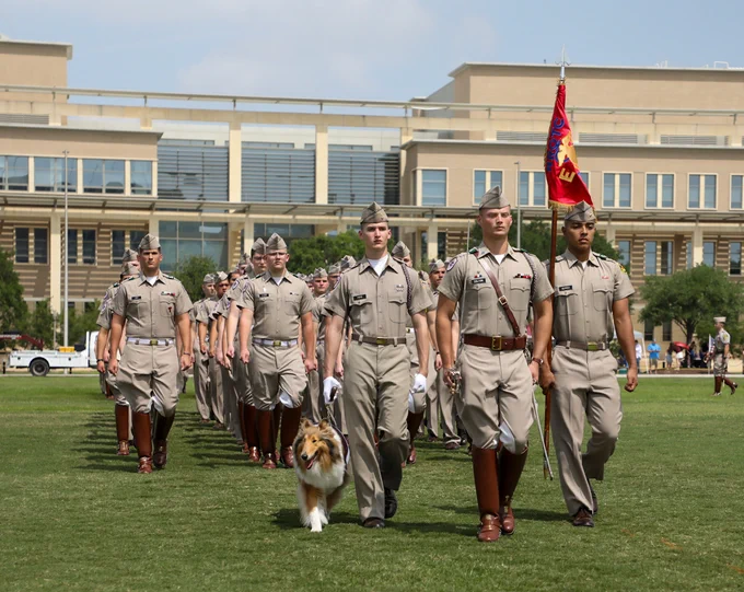 A group of individuals in uniform march in formation on a grassy field, with a building in the background. Reveille X walks alongside them. One person carries a red flag with the Texas A&M University Corps of Cadets emblem.