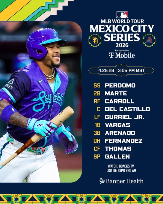 Mexico City Series (logo) | Banner Health (logo)

4.25.26 | 3:05 PM MST

SS - Perdomo
2B - Marte
RF - Carroll
C - Del Castillo
LF - Gurriel Jr.
1B - Vargas
3B - Arenado
DH - Fernandez
CF - Thomas
SP - Gallen

Watch: DBACKS.TV
Listen: ESPN 620 AM

The graphic features an image of Ketel Marte. He is wearing a purple Serpientes City Connect uniform and a purple and teal batting helmet.