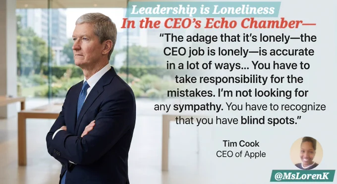 The phrase "it’s lonely at the top" is often dismissed as a cliché, but many high-level executives describe it as a functional reality of the role. It refers less to a lack of social interaction and more to the weight of finality—the fact that some decisions and responsibilities cannot be shared.  
​Here is a prominent industry leader who explains his sentiment:
​Tim Cook (CEO of Apple)
​Cook has noted that while he is surrounded by brilliant people, the ultimate accountability is a solo burden.
​"The adage that it's lonely—the CEO job is lonely—is accurate in a lot of ways... You have to take responsibility for the mistakes. I’m not looking for any sympathy. You have to recognize that you have blind spots." 