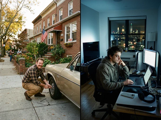 My old man paid off a Brooklyn house in 23 years on one regular job. I rent in Queens at 54 and the math of ownership is funny in a way that's not funny. We're not middle class. We're luxury poor.