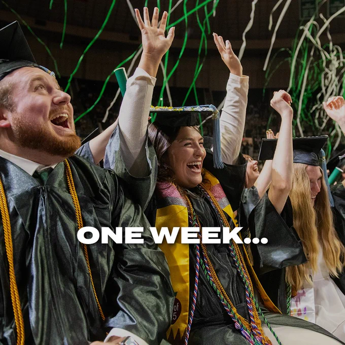 Exciting grads under falling confetti. Text says "One Week..."