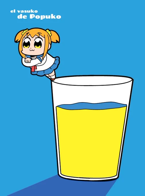 Un dibujo de Popuko subida a un vaso de cerveza, con el texto: EL VASUKO DE POPUKO