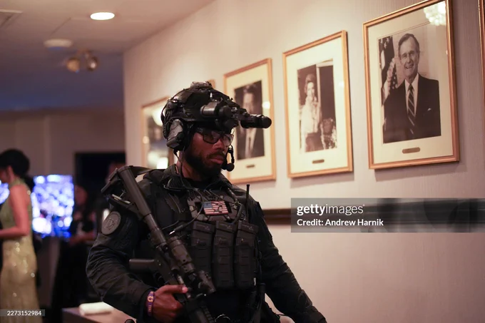 A federal agent patrols after an incident at the annual White House Correspondents Association Dinner April 25, 2026 in Washington, DC. According to reports, President Donald Trump, along with other government officials, were evacuated from the Washington Hilton after what sounded like gun fire. (Photo by Andrew Harnik/Getty Images)