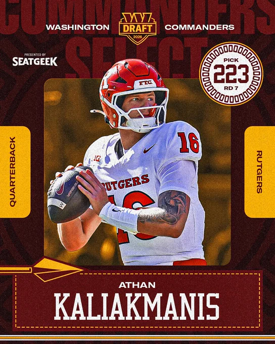Graphic. It features a photo of Athan Kaliakmanis and says "R7 Pick 223."