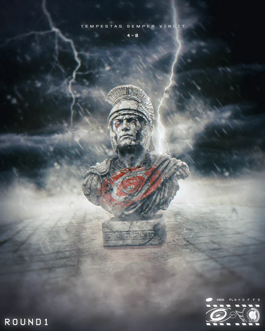 Graphic of a Roman Senator statue cracked and stuck in a hurricane with the words “Tempestas Semper Vincit 4-0” above it  
