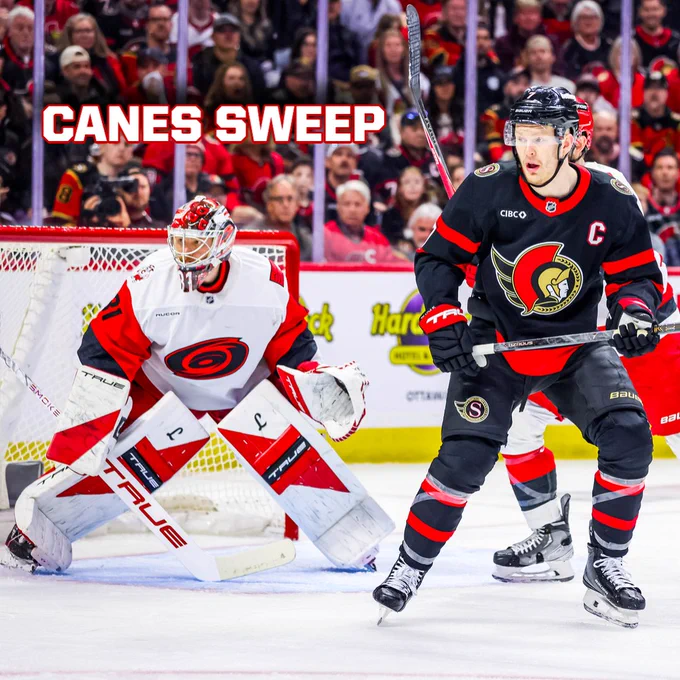 Photo of Frederik Andersen and Brady Tkachuk with the words "Canes Sweep" above them