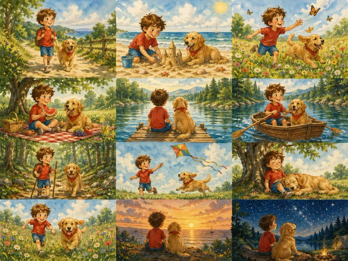 [SUBJECT]: a young boy and his dog
[GRID_LAYOUT]: 3x3
[THEME]: summer vacation adventures
[MOOD]: joyful, innocent, sunlit
[STYLE]: watercolor storybook illustration

Create a [GRID_LAYOUT] borderless grid where each panel is an independent image of the [SUBJECT]. Maintain strong character consistency across all panels, with consistent color and lighting. Depict [THEME] with a [MOOD] mood in [STYLE] style. No text. No gap.