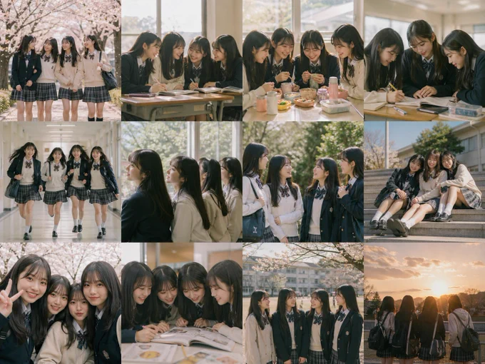 [SUBJECT]: a teenage girl and her close friends
[GRID_LAYOUT]: 4x3
[THEME]: school life memories with a soft spring color theme
[MOOD]: emotional, warm, heartfelt
[STYLE]: cinematic realism

Create a [GRID_LAYOUT] borderless grid where each panel is an independent image of the [SUBJECT]. Maintain strong character consistency across all panels, with consistent color and lighting. Depict [THEME] with a [MOOD] mood in [STYLE] style. No text. No gap.