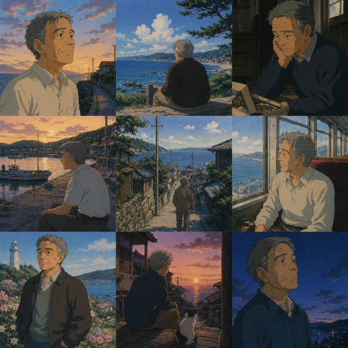 [SUBJECT]: an elderly man
[GRID_LAYOUT]: 3x3
[THEME]: memories of a quiet seaside town
[MOOD]: nostalgic, peaceful, melancholic
[STYLE]: 90's anime style

Create a [GRID_LAYOUT] borderless grid where each panel is an independent image of the [SUBJECT]. Maintain strong character consistency across all panels, with consistent color and lighting. Depict [THEME] with a [MOOD] mood in [STYLE] style. No text. No gap.