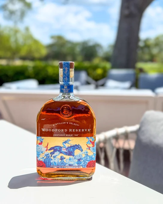 A photo of a Kentucky Derby 152 Woodford Reserve bottle on the patio at Packard's Steakhouse at Innisbrook Resort.