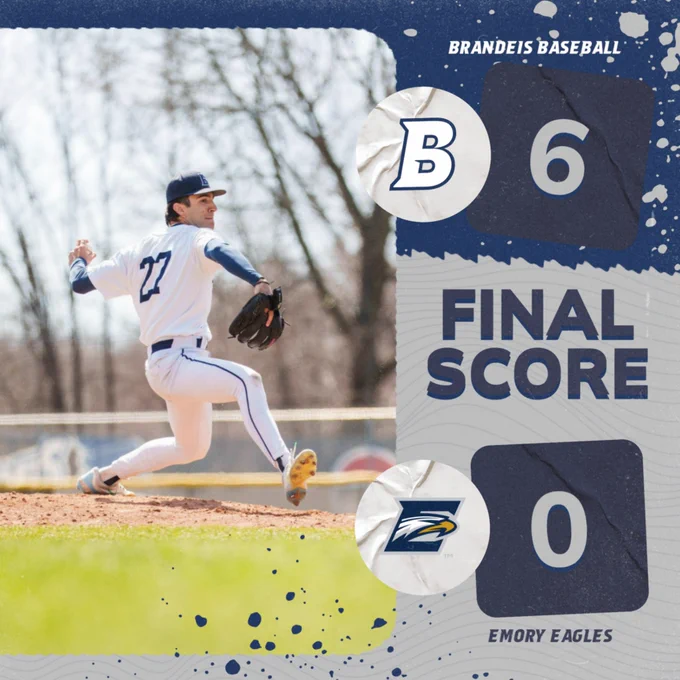 TEXT: FINAL SCORE: Brandeis Baseball 6, Emory Eagles 0
IMAGE: Dimitri Skourides throwing a pitch during a baseball game