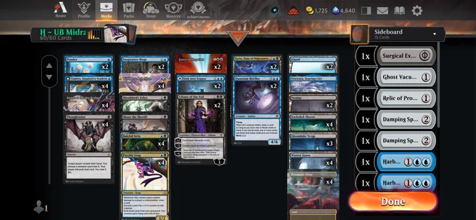 Deck
2 Ponder (OMB) 13
2 Swamp (ANA) 5
4 Tamiyo, Inquisitive Student (MH3) 242
4 Fatal Push (FCA) 9
2 Island (ANA) 3
4 Thoughtseize (AKR) 127
4 Counterspell (FCA) 4
2 Snapcaster Mage (SIS) 23
4 Psychic Frog (MH3) 199
2 Force of Negation (TLE) 13
2 Sink into Stupor (MH3) 241
1 Shoot the Sheriff (OTJ) 106
2 Liliana of the Veil (DMU) 97
4 Darkslick Shores (ONE) 250
3 Gloomlake Verge (DSK) 260
4 Watery Grave (GRN) 259
4 Prismatic Vista (SPG) 38
2 Kaito, Bane of Nightmares (DSK) 220
4 Baleful Strix (FIC) 318
1 Otawara, Soaring City (NEO) 271
1 Sheoldred's Edict (ONE) 108
2 Quantum Riddler (EOE) 72

Sideboard
2 Dismember (ANA) 0
2 Toxic Deluge (MH3) 277
2 Mystical Dispute (ELD) 58
2 Harbinger of the Seas (MH3) 63
2 Barrowgoyf (M3C) 102
1 Surgical Extraction (OTP) 19
1 Ghost Vacuum (DSK) 248
2 Damping Sphere (DAR) 213
1 Relic of Progenitus (ALA) 218