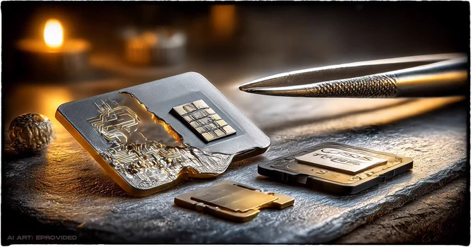 Cracked memory card with exposed NAND flash chip — eProvided chip-off recovery for broken and damaged memory cards.