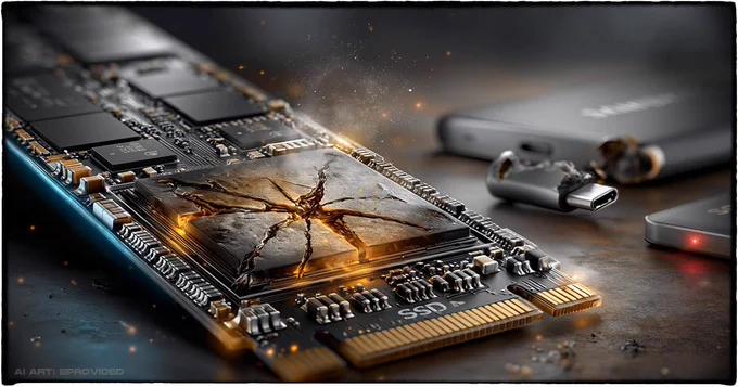 Cracked NVMe SSD with exposed controller and NAND chips beside a portable SSD with snapped USB-C — eProvided chip-off SSD data recovery.