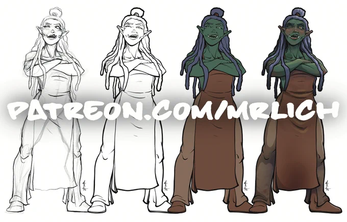 Several stages of a character illustration - sketch, inks, color flats, and color render.