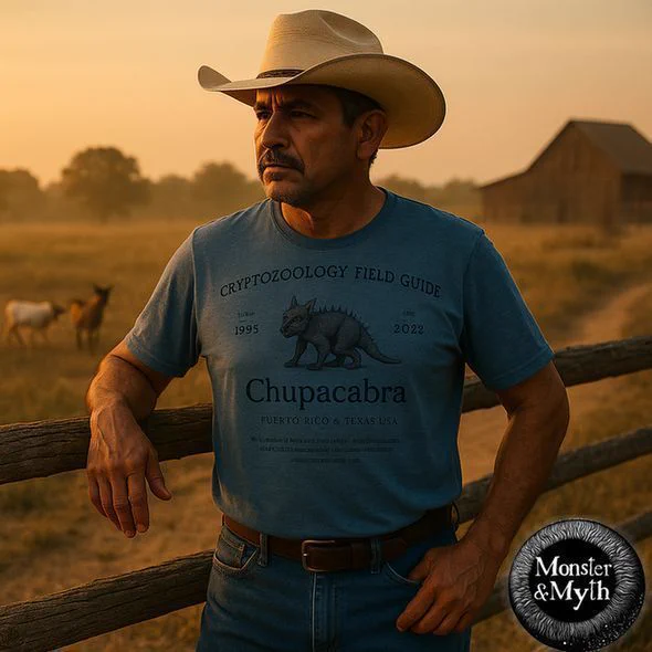 A rugged man in a cowboy hat stands against a rustic fence at sunset, with a few goats grazing in the background. He wears a blue t-shirt that reads “Cryptozoology Field Guide – Chupacabra – Puerto Rico & Texas, USA – 1995 to 2022” with a stylized illustration of the Chupacabra: short, spiky, and reptilian. The golden light and barn silhouette set the mood. The Monster & Myth logo is visible in the corner of the image.