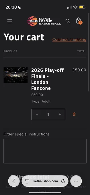 Online booking portal for SLB playoff finals. Adult ticket for London Lions fanzone is priced at £50