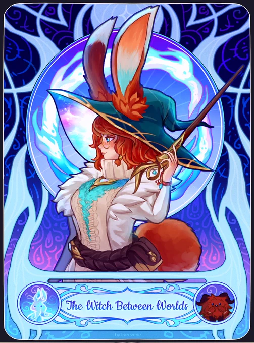 Art Nouveau inspired drawing of Aurora from League of Legends. She if facing left and holding her wand in her left hand. Behind her is a circle of spirits. The entire artworkt features a spell pattern and is full of gradients from dark blue and light blue to soft pink.