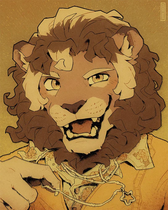 An anthropomorphic lion, with a confident look.