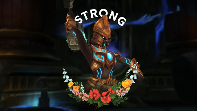 In the center of the image is MOTHER, a robotic woman. Above her is the word \u201CStrong\u201D. Towards the bottom, there is a garland of in-game flowers. The background is of the Chamber of Heart.