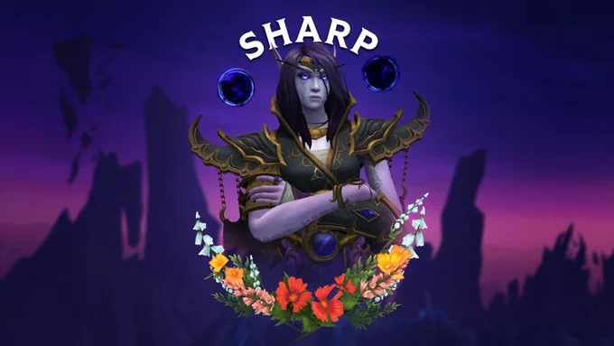 In the center of the image is Xal\u2019atath, an elven woman. Above her is the word \u201CSharp\u201D. Towards the bottom, there is a garland of in-game flowers. The background is of the Voidstorm.