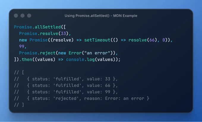 JavaScript code demonstrating `Promise.allSettled()` handling fulfilled and rejected promises, along with results logging output.