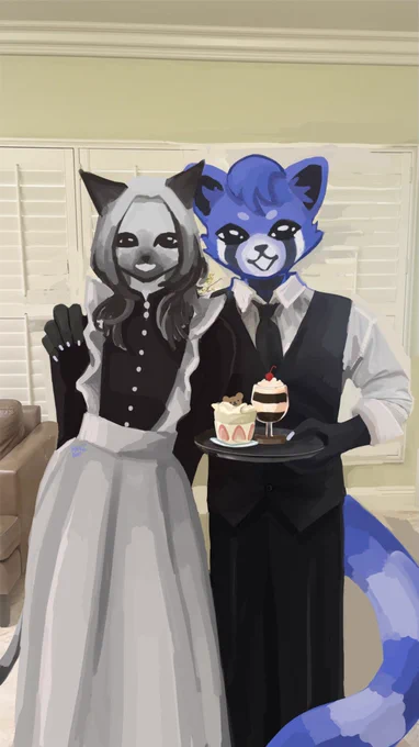 A paint over of a siamese cat fursona in a maid outfit and a blue panda fursona in suit wear. The blue panda is holding a tray with desserts on it. The background is a window and couch.