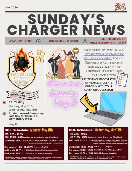 Sunday Communication - Prom is Saturday, Sr. still have time to pay dues and debt, device collection starts Tuesday, SOL Monday and Wednesday, Awards Tuesday, Sports calendar available. 