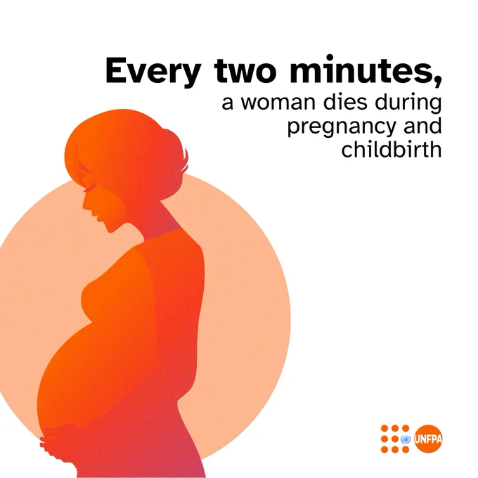 An illustration of a pregnant woman against a circular background. The text reads, "Every two minutes, a woman dies during pregnancy and childbirth." The UNFPA logo is present in the bottom right corner.

