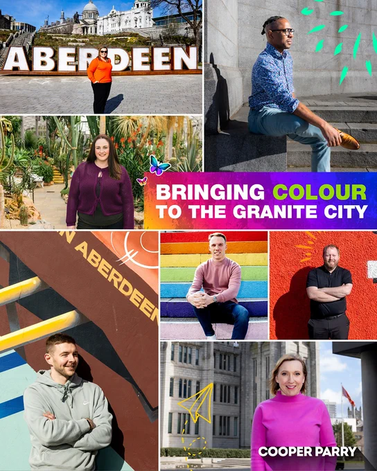 This collage features people in various colourful outfits in front of Aberdeen landmarks and vibrant backgrounds. The central text reads "Bringing Colour to the Granite City."