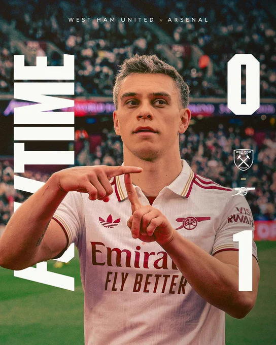 Full-time: West Ham United 0-1 Arsenal.
