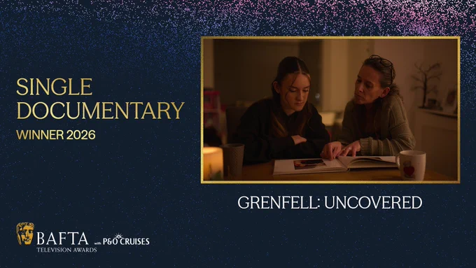 A very dark blue graphic with purple, blue and pink particle detailing that reads ‘Single Documentary winner 2026’ in gold text to the left. The BAFTA Television Awards with P&O Cruises lock-up logo sits on the bottom left of the graphic and to the right there is an image from Grenfell: Uncovered in a gold frame. Beneath the image the text reads ‘Grenfell: Uncovered’