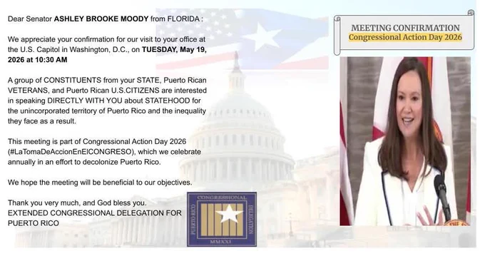 WE WILL VISIT YOU!
US Senator ASHLEY BROOKE MOODY 
 
🗓️Tuesday May 19 2026 
🕥10:30 AM 
📍Your Office at US CAPITOL WashingtonDC
La Fuerza Del Pueblo